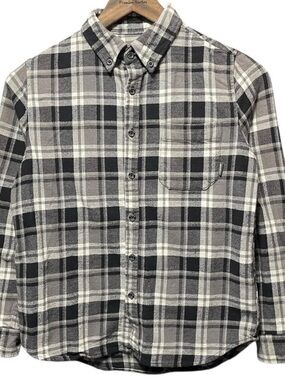 Gray black white Eddie Bauer long sleeve button up casual work flannel shirt top